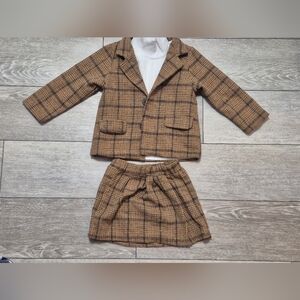 Brand New 3pc Toddler Girl Brown Plaid Blazer And Skirt Set